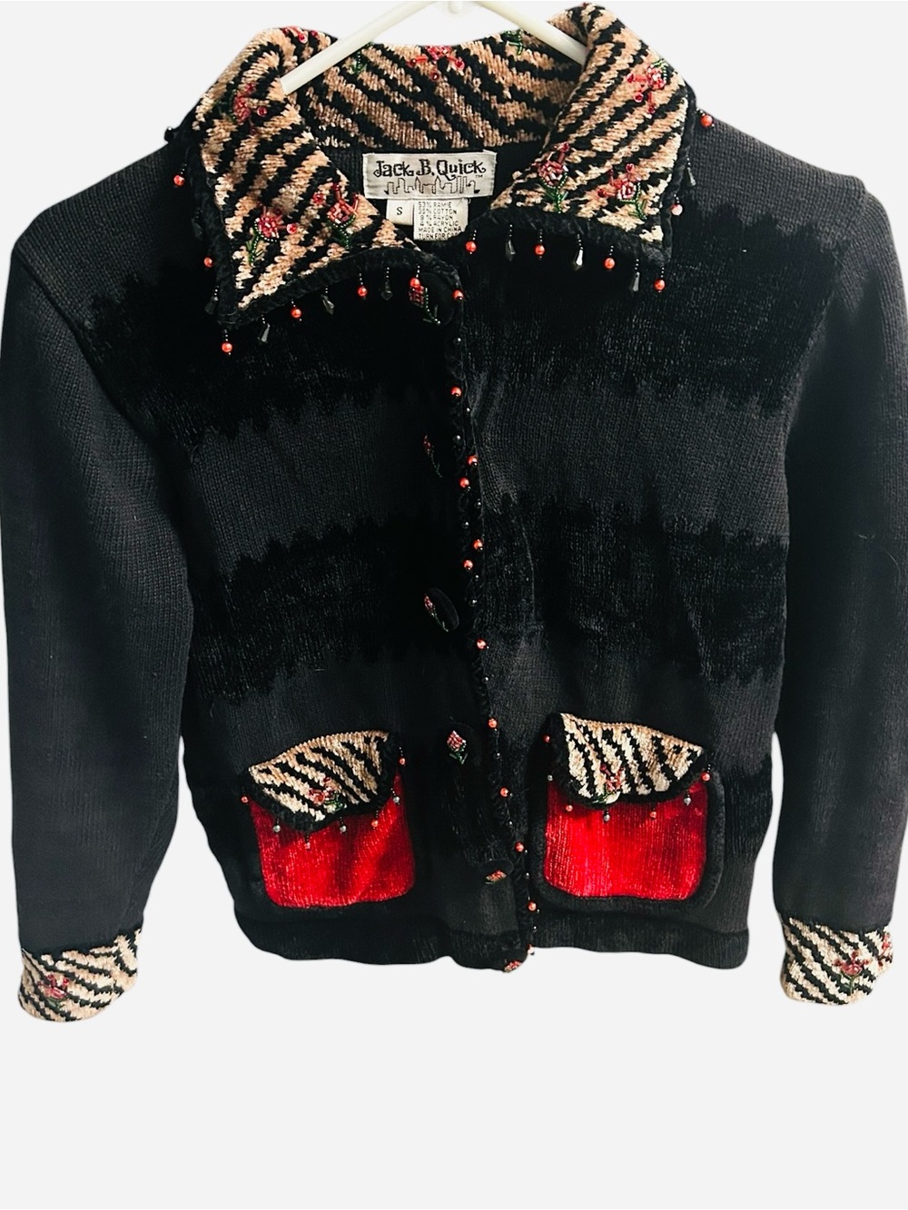 Vintage Jack B Quick Cardigan Sweater Black Beaded Flowers Buttons Chenille Sz S